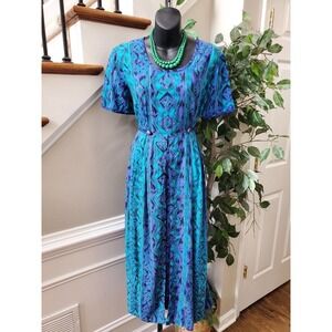 Vintage Coco Bianco Blue 100% Rayon Round Neck Short Sleeve Maxi Dress Size 12